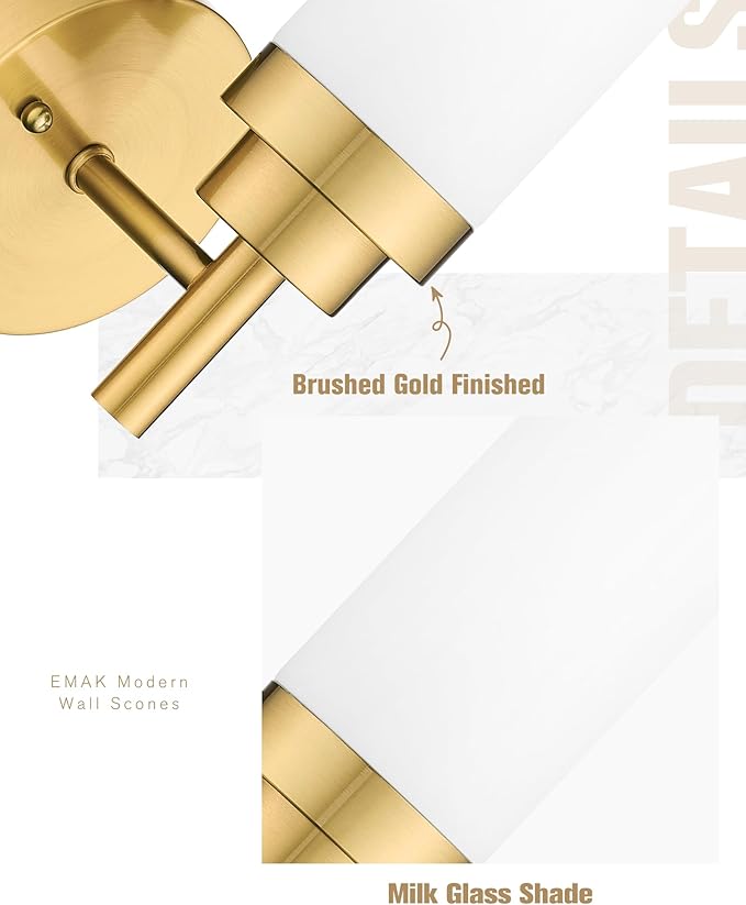 Emak Wall Sconces Set of 2, Modern Brushed Gold Bathroom Vanity Sconce Wall - Image 3