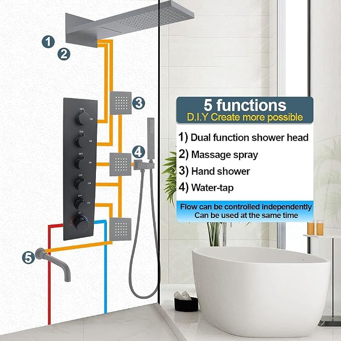 HOMEDEC Matte Black 5-Way Shower Diverter Valve Kit, 5 Port Concealed Brass - Image 3