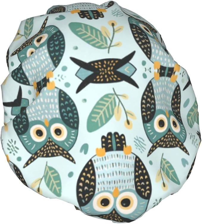 Double Layers Shower Cap for Women Girls, Owl Art Shower Hair Bath Hat Elastic - Image 2