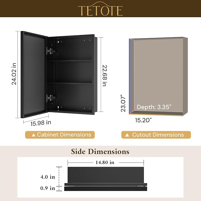 TETOTE Brushed Nickel 16" x 24" Recessed Medicine Cabinet Bathroom Mirror - Image 2