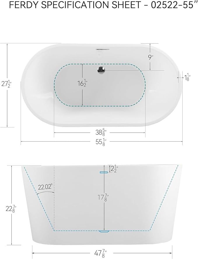 FerdY Shangri-La 55" Acrylic Freestanding Bathtub, Classic Oval Shape Soaking - Image 2