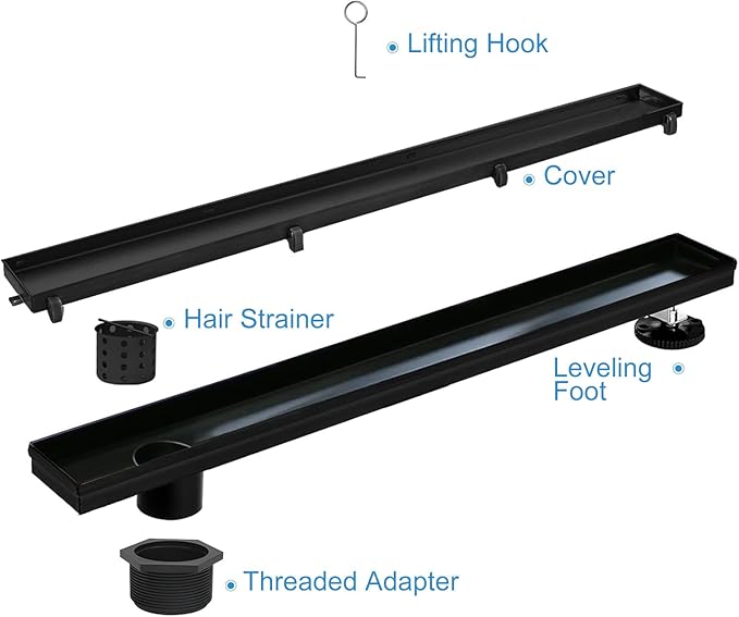 Offset Linear Shower Drain, Matte Black Shower Drain 32 inch - Image 2