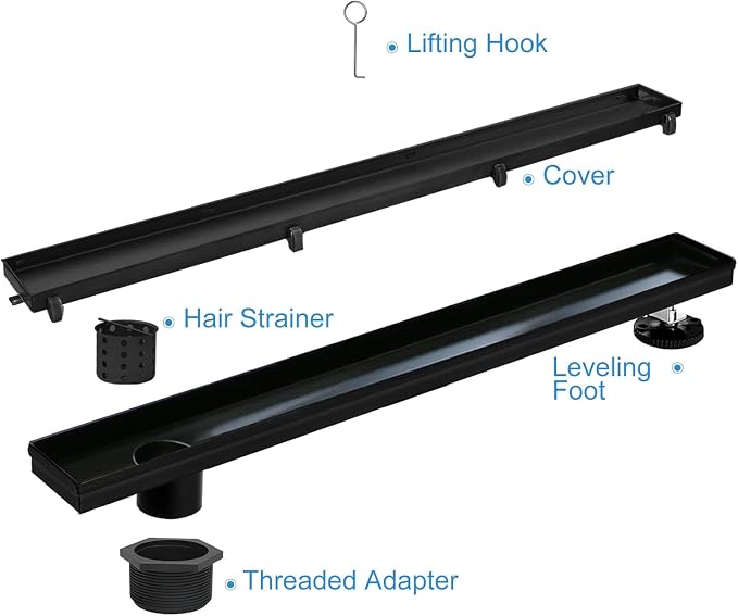Offset Linear Shower Drain, Matte Black Shower Drain 36 inch - Image 2