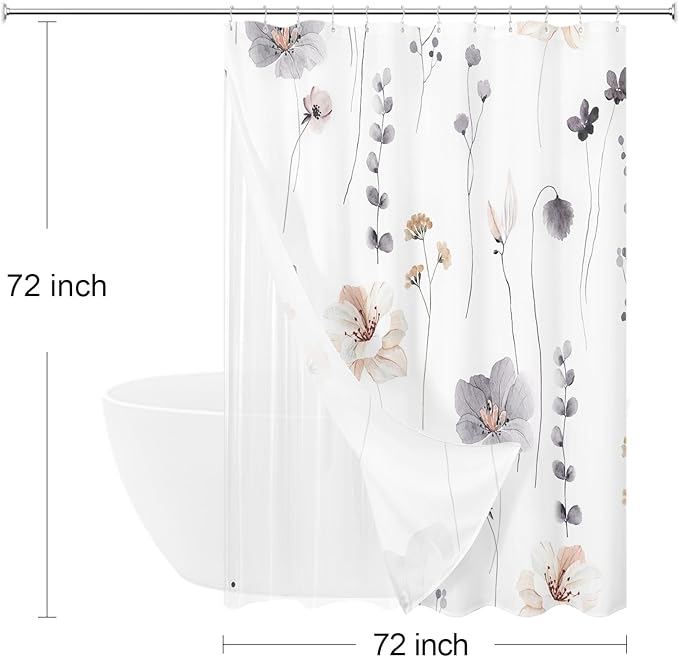 Gibelle 3 in 1 Shower Curtain Set, Charcoal Grey Watercolor Floral Bath Curtain - Image 6