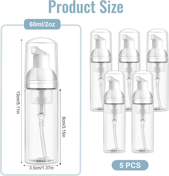 5 Pack 2 oz Travel Foam Pump Bottle, 60 ml Foam Dispenser, Hair Mousse - Image 2