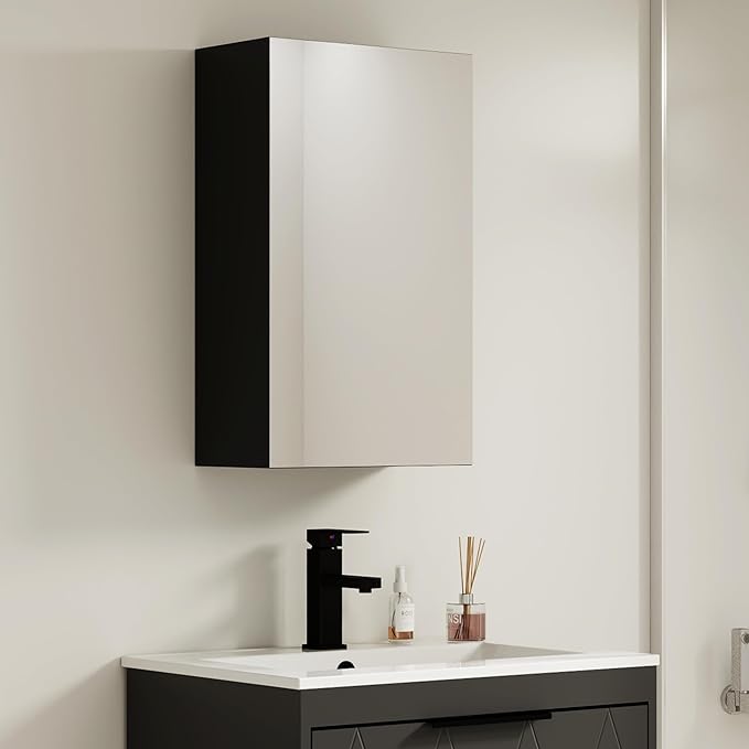 eclife 24" Bathroom Medicine Cabinet W/Mirror, Single Door Bathroom Black Wall by eclife