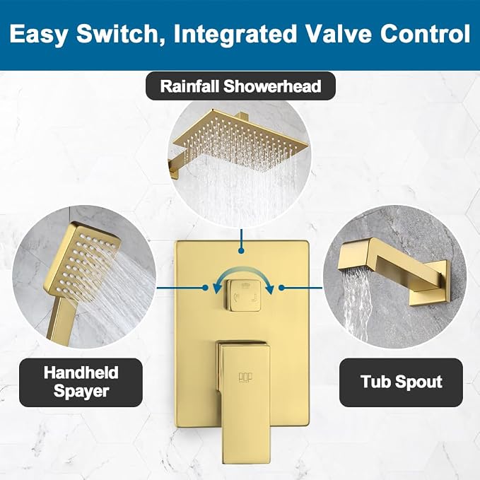 POP SANITARYWARE Shower Tub Faucet Set Brushed Gold Bathroom Shower System - Image 5