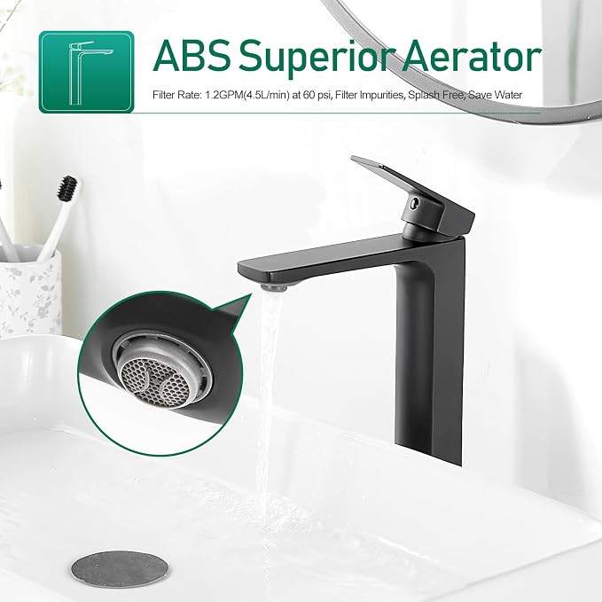 VOTON Vessel Sink Faucet Matte Black Tall Bathroom Faucet Single Handle Vanity - Image 2