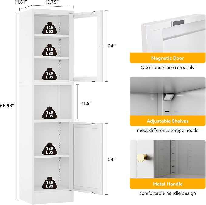 Metal Storage Cabinet with Glass Door, Tall Slim Pantry Organizer with 3 - Image 3