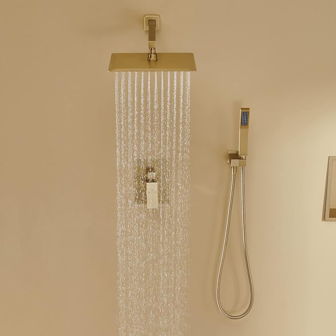 Rain Shower System 12 Inches Shower Combo Set Brushed Gold Wall Mount Faucet - Image 3