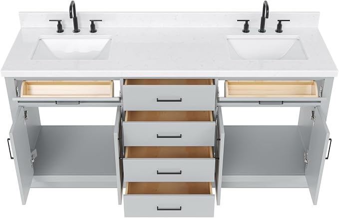 ARIEL Hepburn 72" Grey Double Vanity, 1.5" Edge Carrara Quartz Countertop & - Image 4