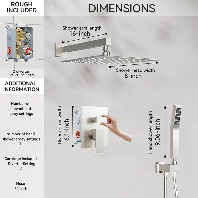 Shower Faucet Set Brushed Nickel Shower System, Starbath 8 inch Rain Shower - Image 6