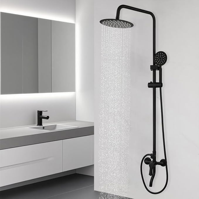 Exposed Shower System 8 Inch Rainfall Shower Head Matte Black Outdoor Shower by Ouboni