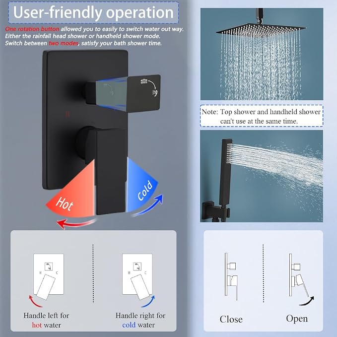 16 Inch Matte Black Ceiling Mount Shower System Bathroom Luxury Rain Mixer - Image 6