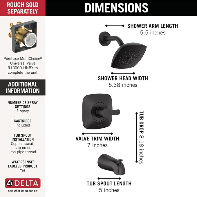 Delta Faucet Modern 14 Series Matte Black Shower Faucet, Tub and Shower Trim Kit - Image 3