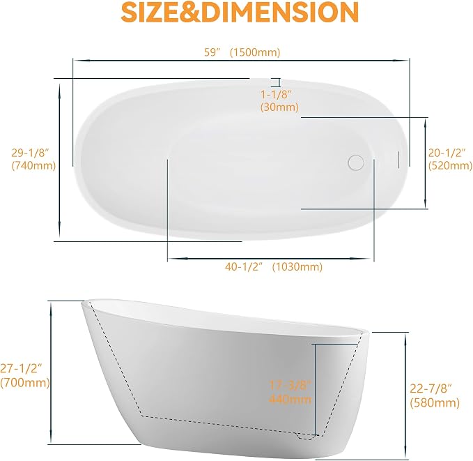 59" High-back Acrylic Freestanding Bathtub, Stand Alone Slipper Soaking Tub - Image 8