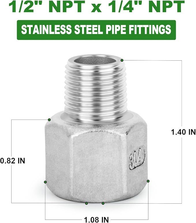 TAISHER 5PCS 304 Stainless Steel Pipe Fitting, 1/4" Male NPTx 1/2" Female NPT - Image 2