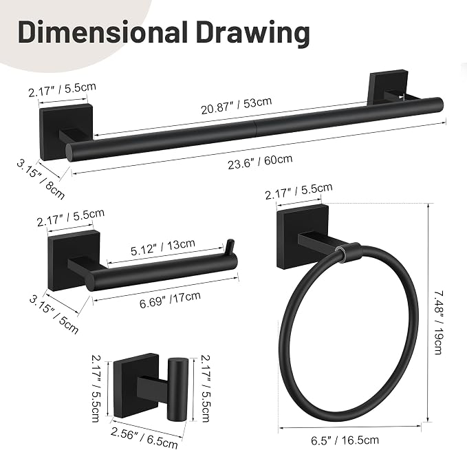 10 Pieces Black Towel Bar Set, 23.6 Inch Bathroom Accessories Set SUS304 - Image 7