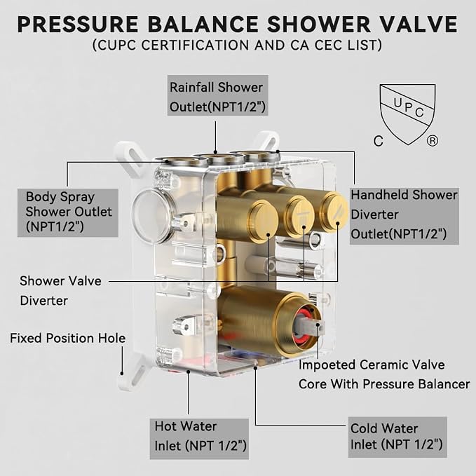 Brushed Gold Shower System, STARBATH 12+8" Rainfall Shower System - Image 6