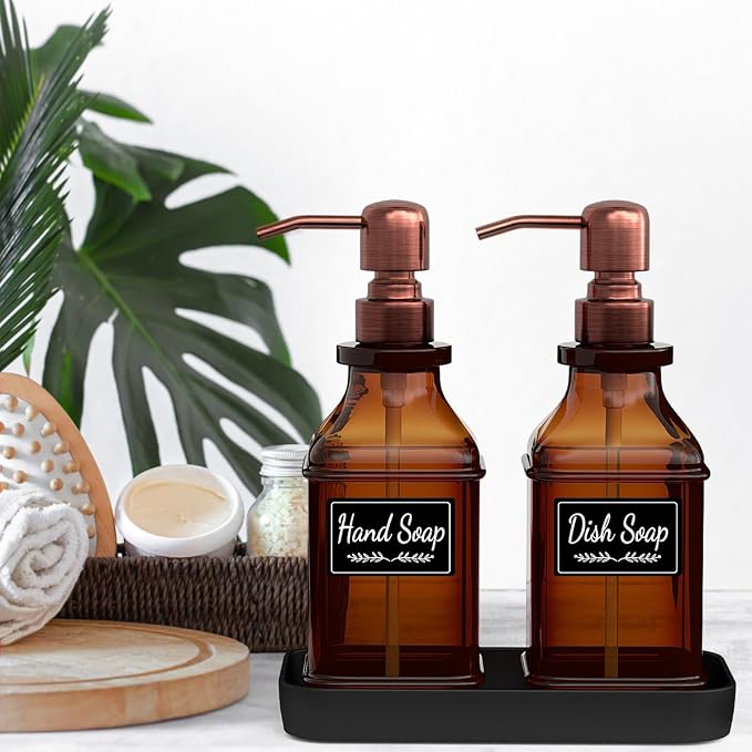 Soap Dispenser - 2 Pack, Antique Design Thick Amber Glass Hand Soap Dispensers - Image 5
