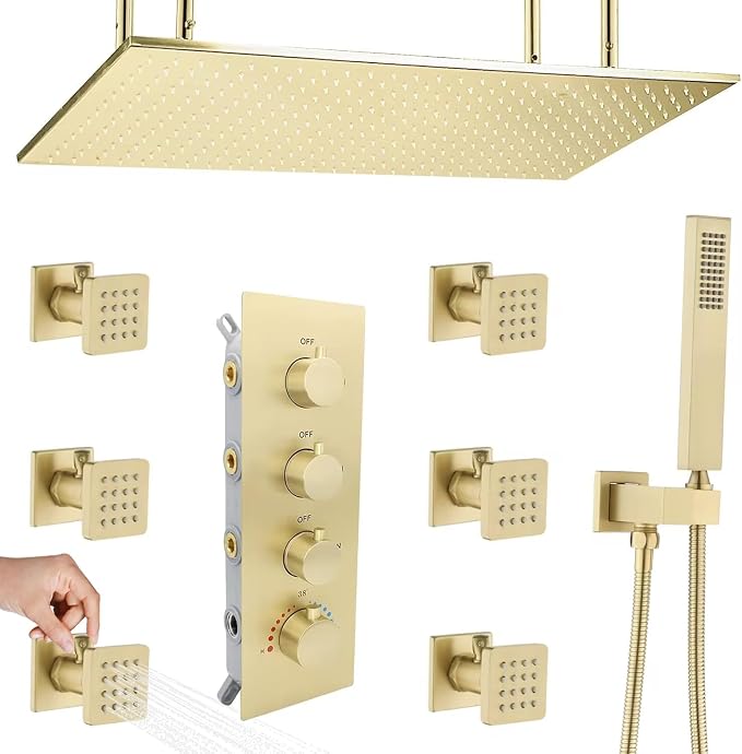 Brushed Gold Rain Shower System Thermostatic Bathroom Faucet Set 16X32 Inch by Backnets