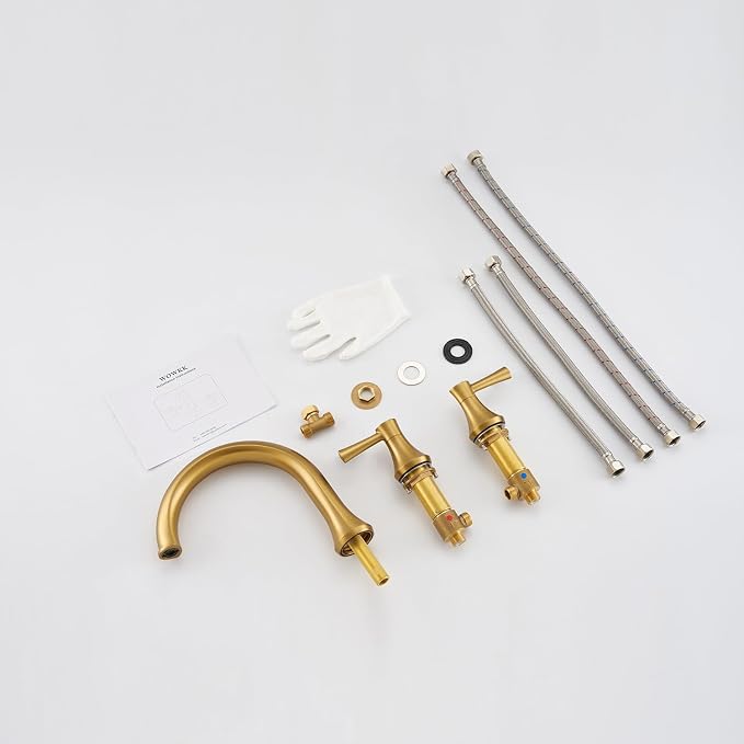Roman Tub Faucet Deck Mount Tub Filler 2 Handles Brushed Gold Bathtub Faucets - Image 7
