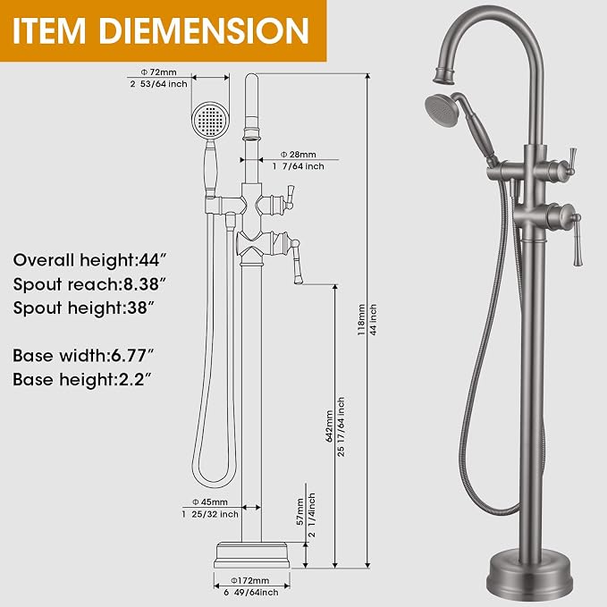 Freestanding Bathtub Faucet, Floor Mount Tub Faucet Brushed Nickel High Flow - Image 5