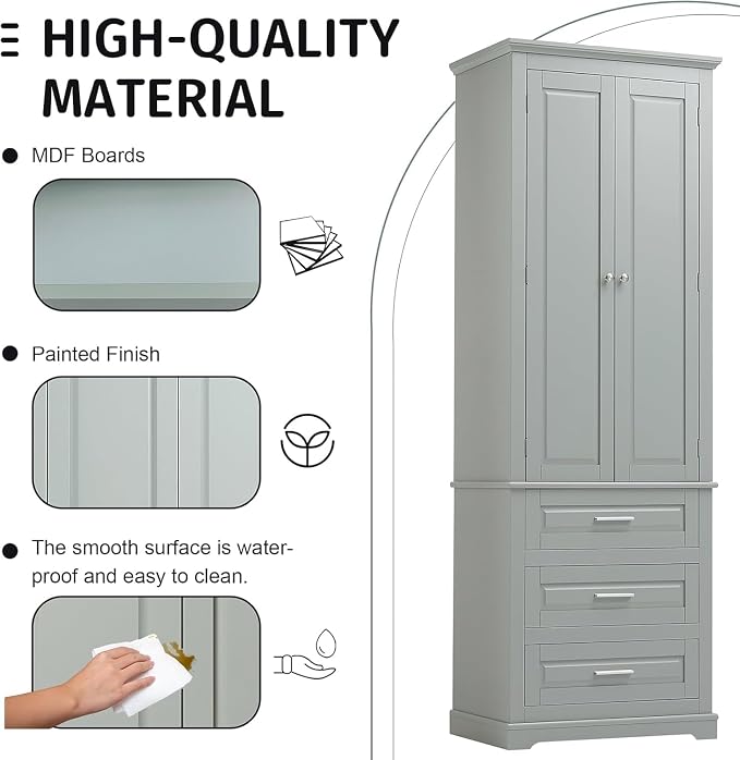 Tall Storage Cabinet with Doors, and Adjustable Shelves, Wood Narrow Storage - Image 6