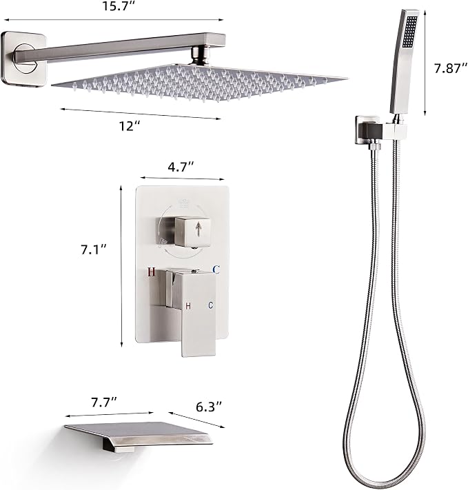 Shower Faucet Set with Tub Spout, Brushed Nickel Rainfall Shower System - Image 6