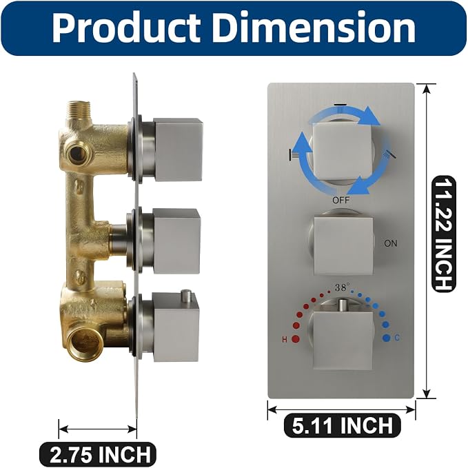 HOMEDEC Brushed Nickel 3 Way Shower Valve Thermostatic Anti-scald - Image 5