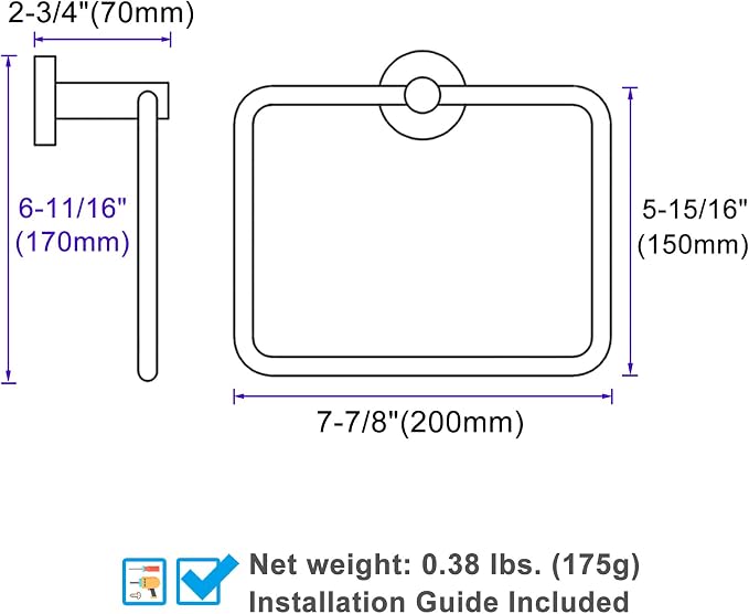 Angle Simple Square Towel Ring Brassy Gold, SUS 304 Stainless Steel Swivel Hand - Image 9