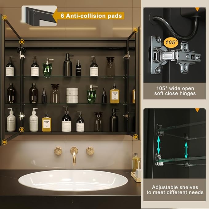 KWW 30 x 28 Inch Double Doors LED Lighted Bathroom Medicine Cabinet, 3 Color - Image 4