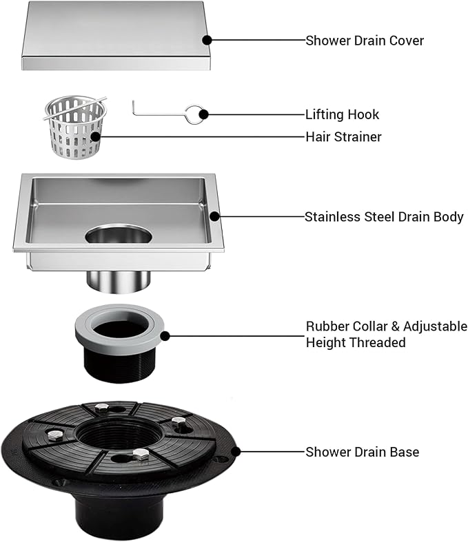 6 Inch Square Shower Floor Drain, Shower Drain Kit - Image 4