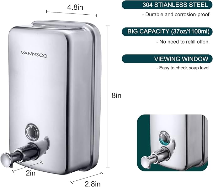 Commercial Soap Dispenser Wall Mount Stainless Steel Manual Liquid Pump - Image 3