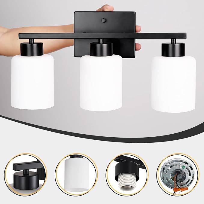 Black Bathroom Light Fixtures, 3-Light Modern Vanity Light Over Mirror - Image 7