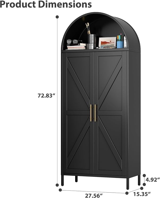 73'' Tall Metal Arched Cabinet, Modern Black Arch Bookshelf Display Cabinet - Image 2