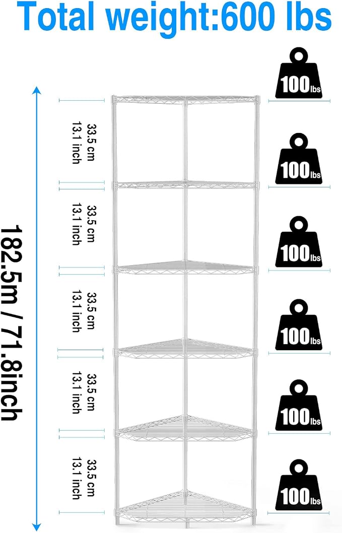 White 6 Tier NSF Metal Pentagonal Corner Wire Shelving Units, 600lbs Storage - Image 3