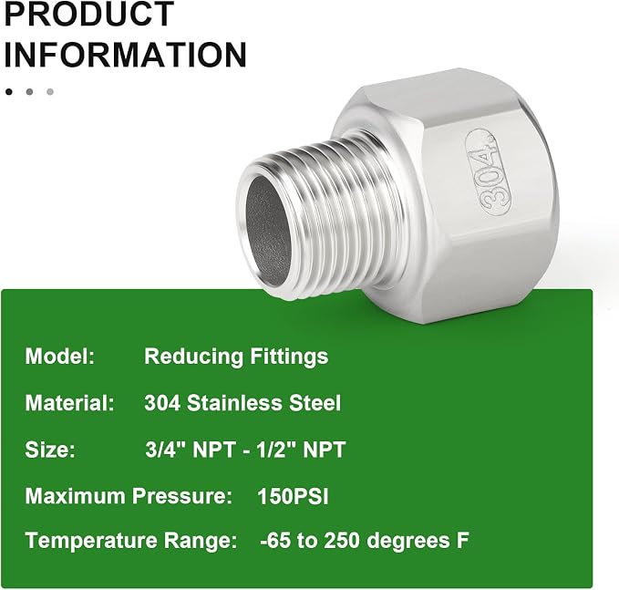 TAISHER 5PCS 304 Stainless Steel Pipe Fitting, 1/2" NPT Male x 3/4" NPT Female - Image 5