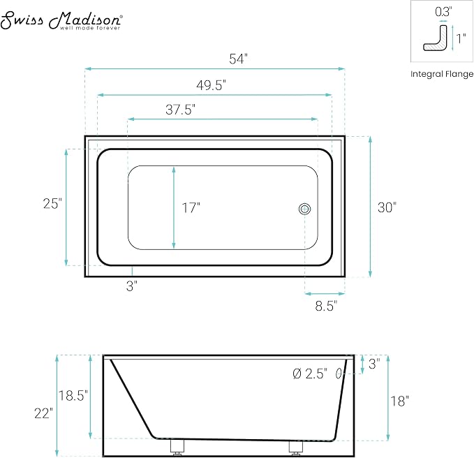 Voltaire 54" X 30" Right-Hand Drain Alcove Bathtub - Image 8