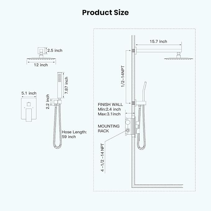 gotonovo Rainfall Bathroom Shower System Rain Shower Head and Handle Set Wall - Image 7
