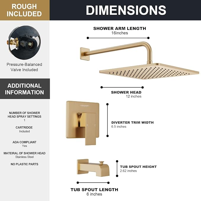 Lava Odoro 12-inch Square Bathtub and Shower Faucet Set Champagne Gold - Image 7