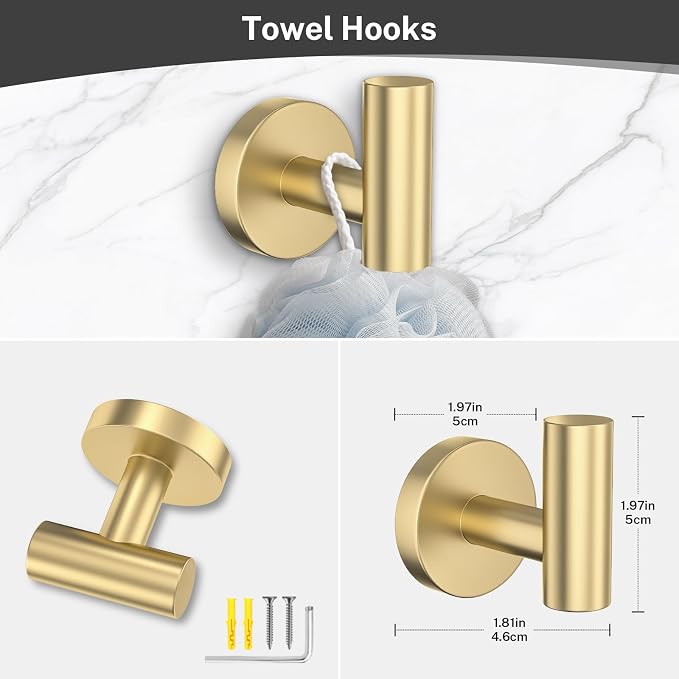 4-Piece Brushed Gold Bathroom Hardware Set, Toilet Paper Holder & 2 Robe - Image 4