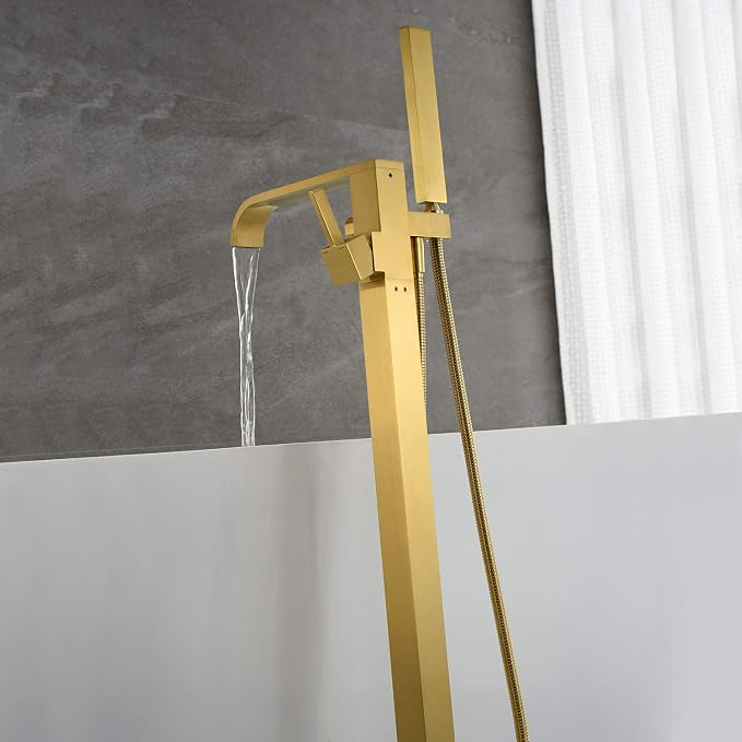 Freestanding Bathtub Faucet Tub Filler Brushed Gold Floor Mount Faucets Brass - Image 5