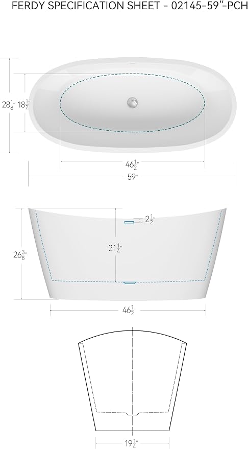 FerdY Naha Elite 59" Acrylic Freestanding Bathtub, Curve Edge Freestanding - Image 6