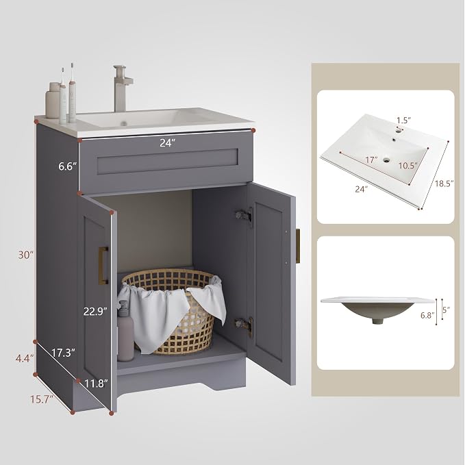 24 Inch Bathroom Vanity with Sink, Bathroom Storage Vanity Cabinet - Image 2