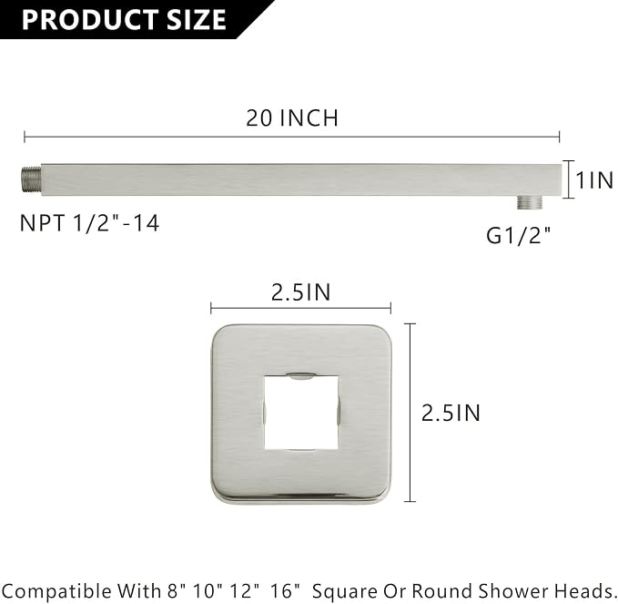 Voolan 20" Square Shower Arm - Image 5