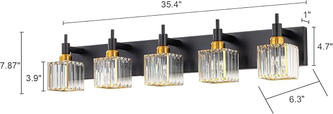 Modern Crystal Bathroom Vanity Light Black Gold 5-Lights Bathroom Lighting - Image 3