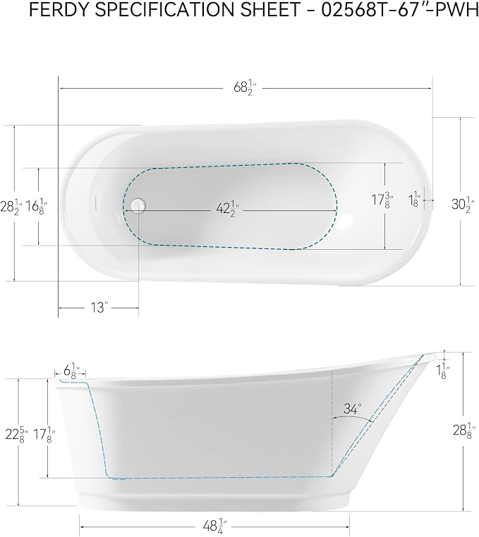 FerdY Langkawi 67" Acrylic Freestanding Bathtub, cUPC Certified, Polished White - Image 6