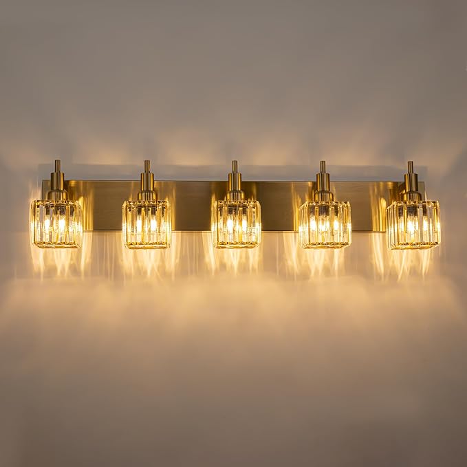 Gold Bathroom Vanity Lights, 5 Lights Crystal Bathroom Lighting Fixtures Over - Image 7