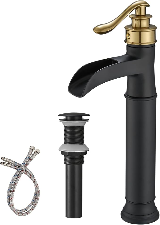 BWE Waterfall Vessel Sink Faucet Black and Gold Bathroom Faucet 1 Hole Single by BWE